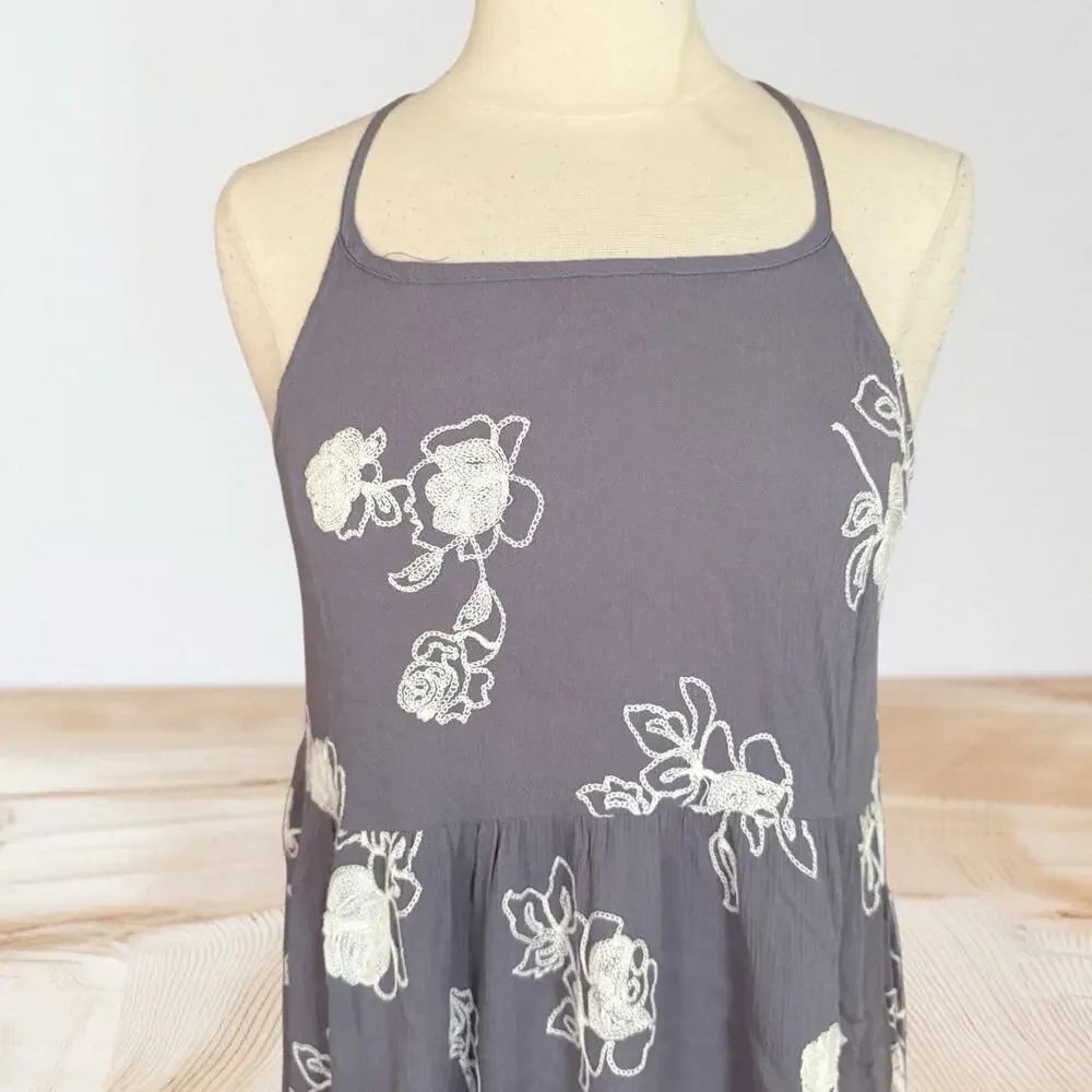 Umgee Mini Tunic Embroidered Dress Sz M Strappy Racerback Sundress Gray &‎ White